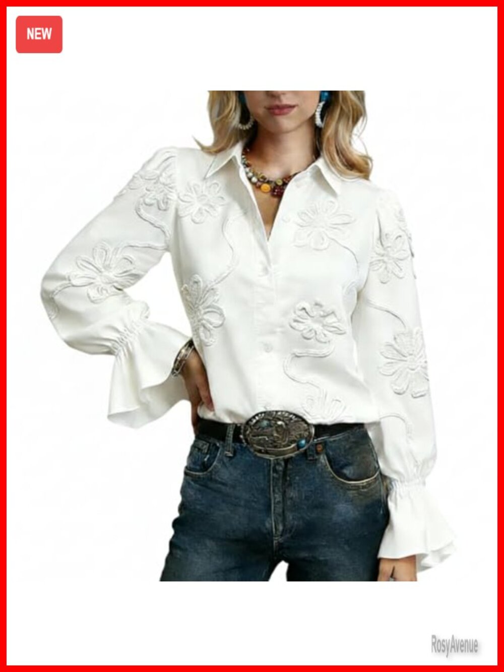 Cotton Long Sleeve Floral Embroidered Vintage Boho Blouse V-Neck Ruffle Cuff